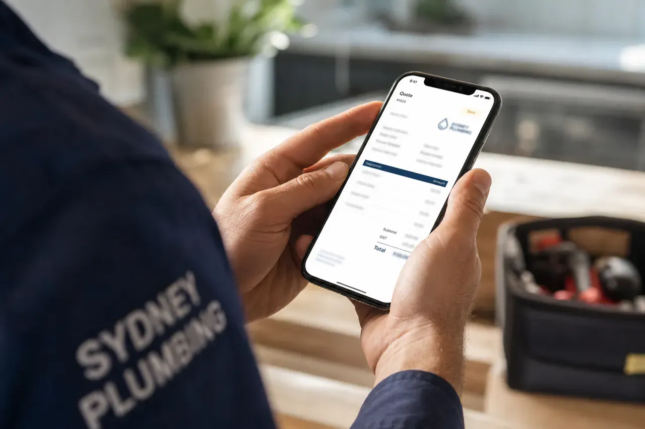 Plumber reviewing an after-hours quote on a phone