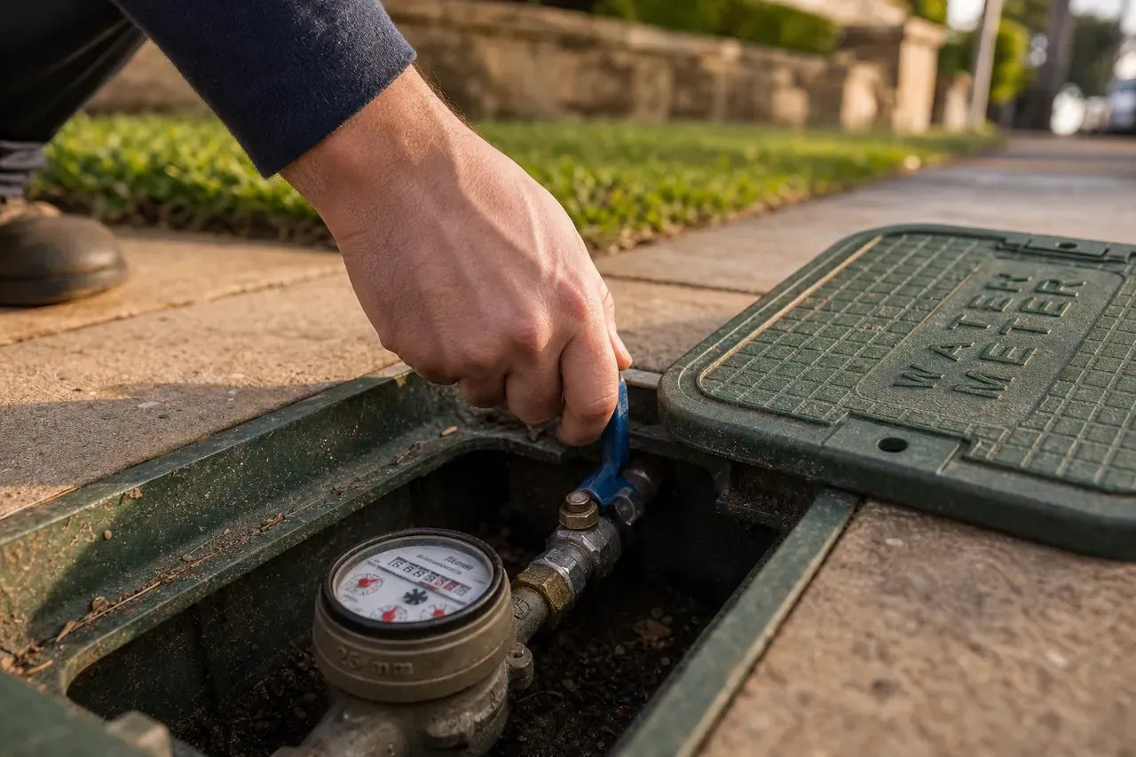 Hand turning off the water at a Sydney water meter box