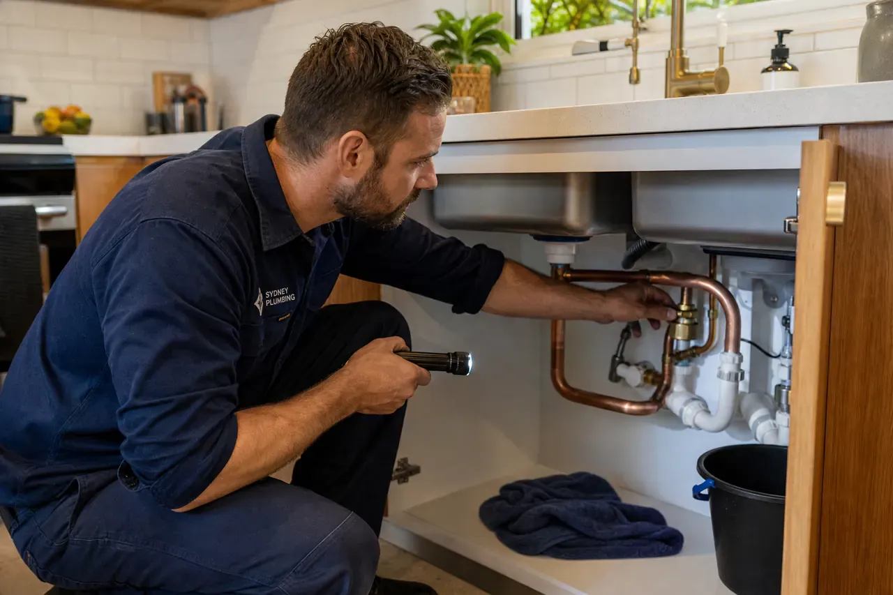 Plumber repairing a burst copper pipe under a kitchen sink