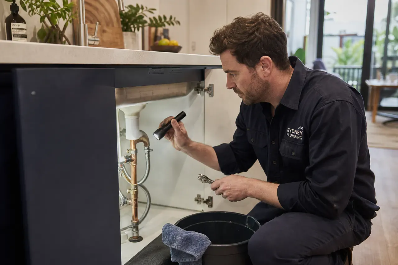 Plumber checking a leaking pipe under a sink with a torch