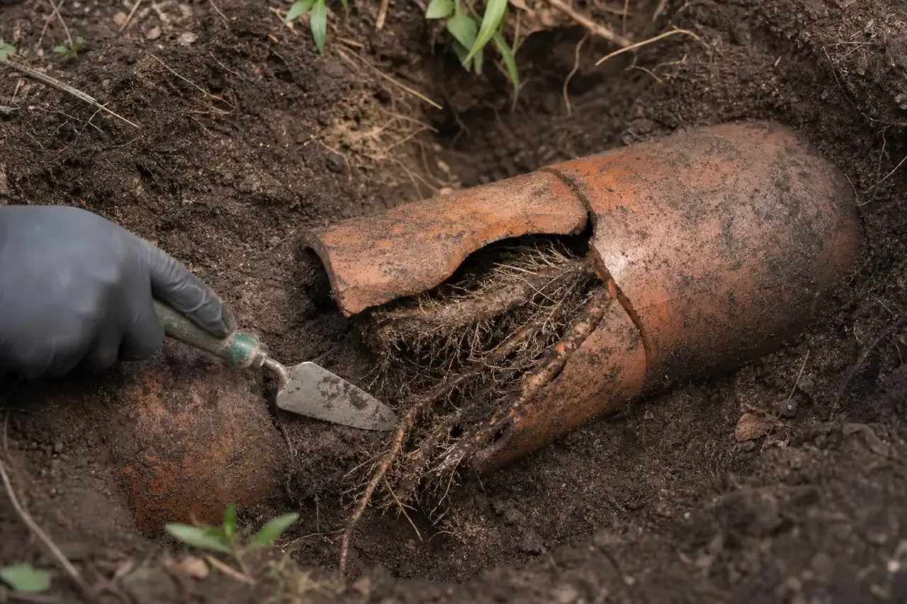 Cracked clay sewer pipe with tree roots, dug out of clay soil