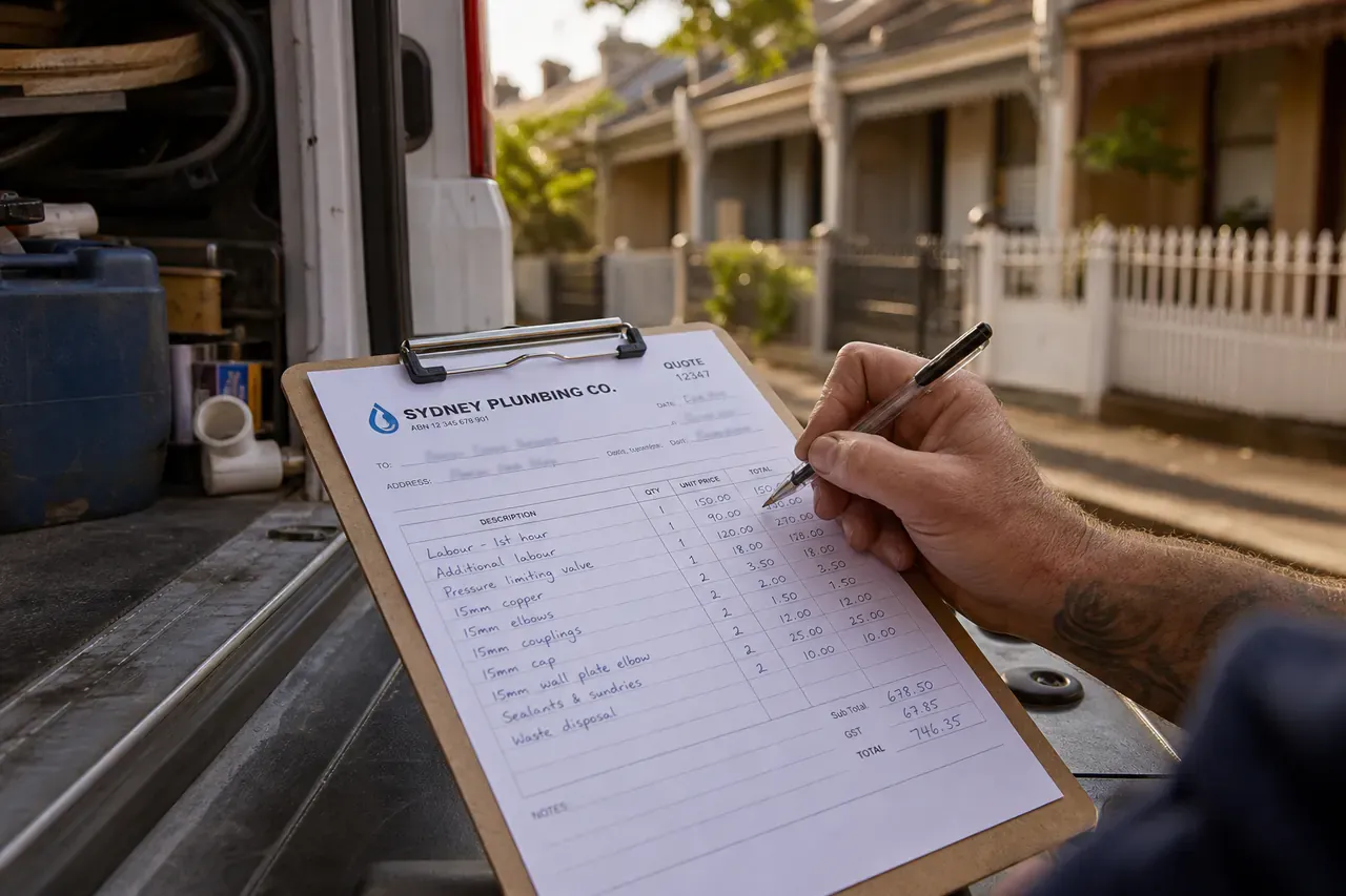 Plumber writing an itemised quote on a clipboard