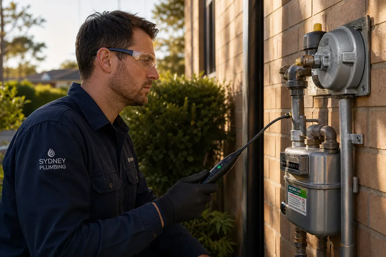 Gasfitter testing a gas meter for leaks with a gas detector