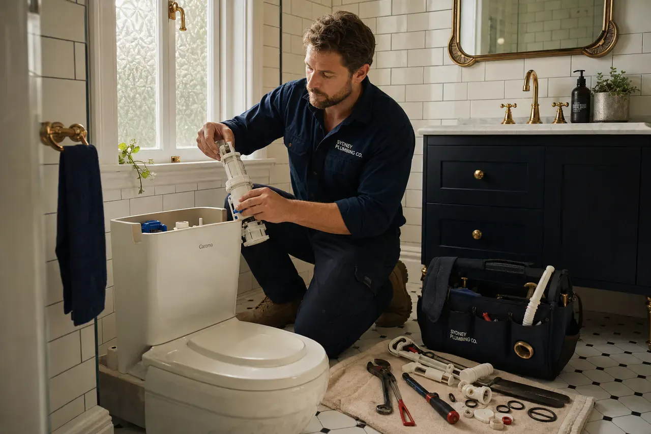 Plumber replacing the parts inside a toilet cistern