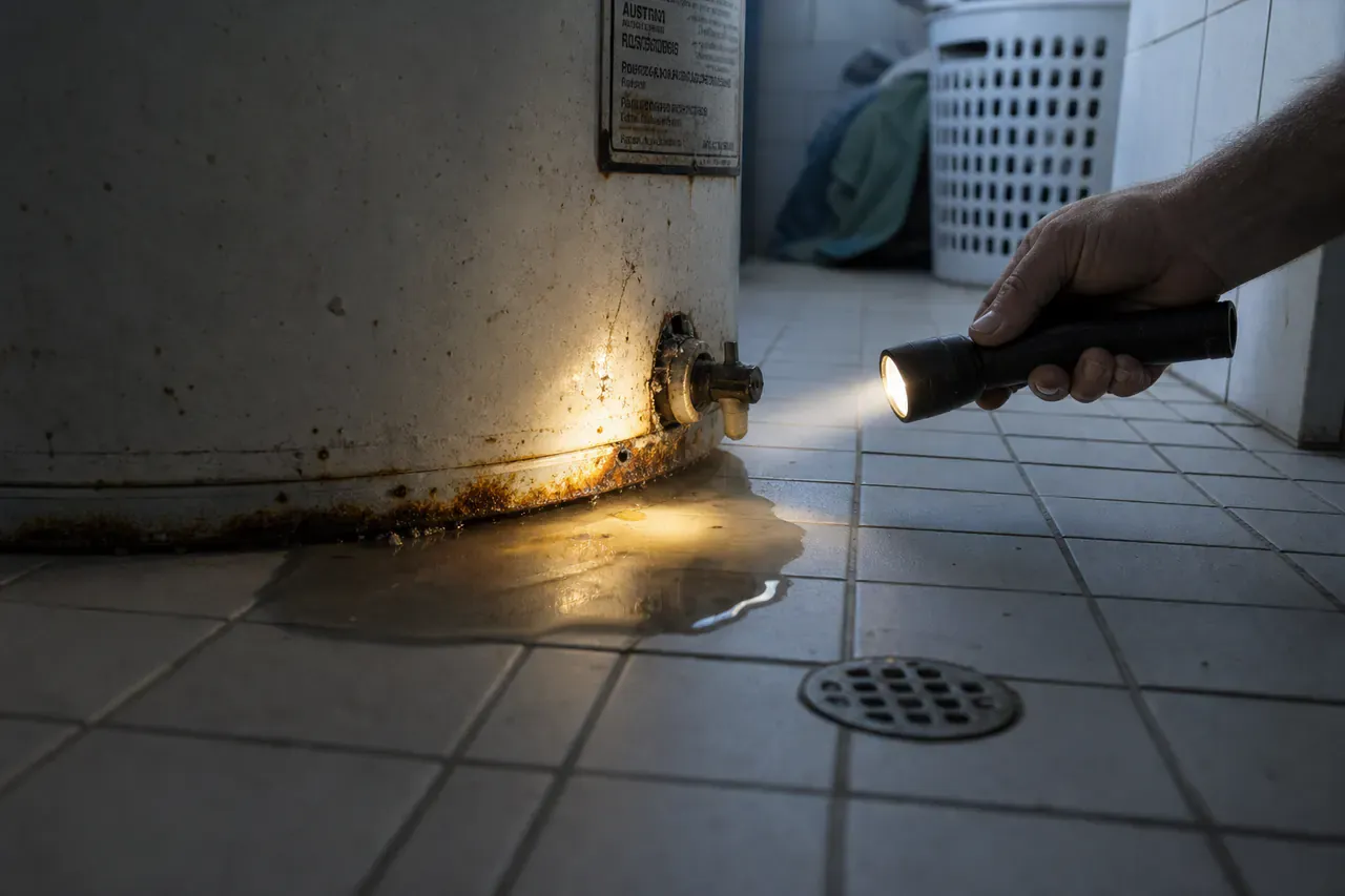 Torch showing water leaking from the base of a hot water system