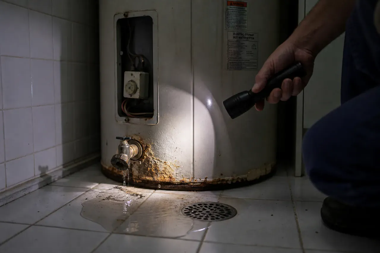 Corroded valve leaking at the base of a hot water tank