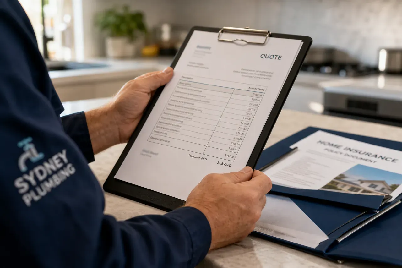 Written plumbing quote next to home insurance paperwork