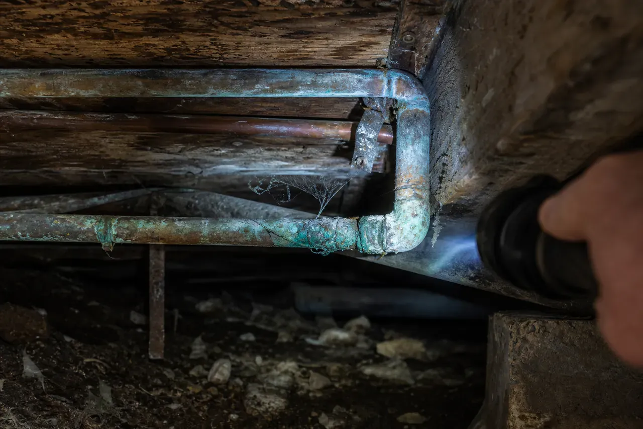 Corroded old water pipe under the floor of an older Sydney home