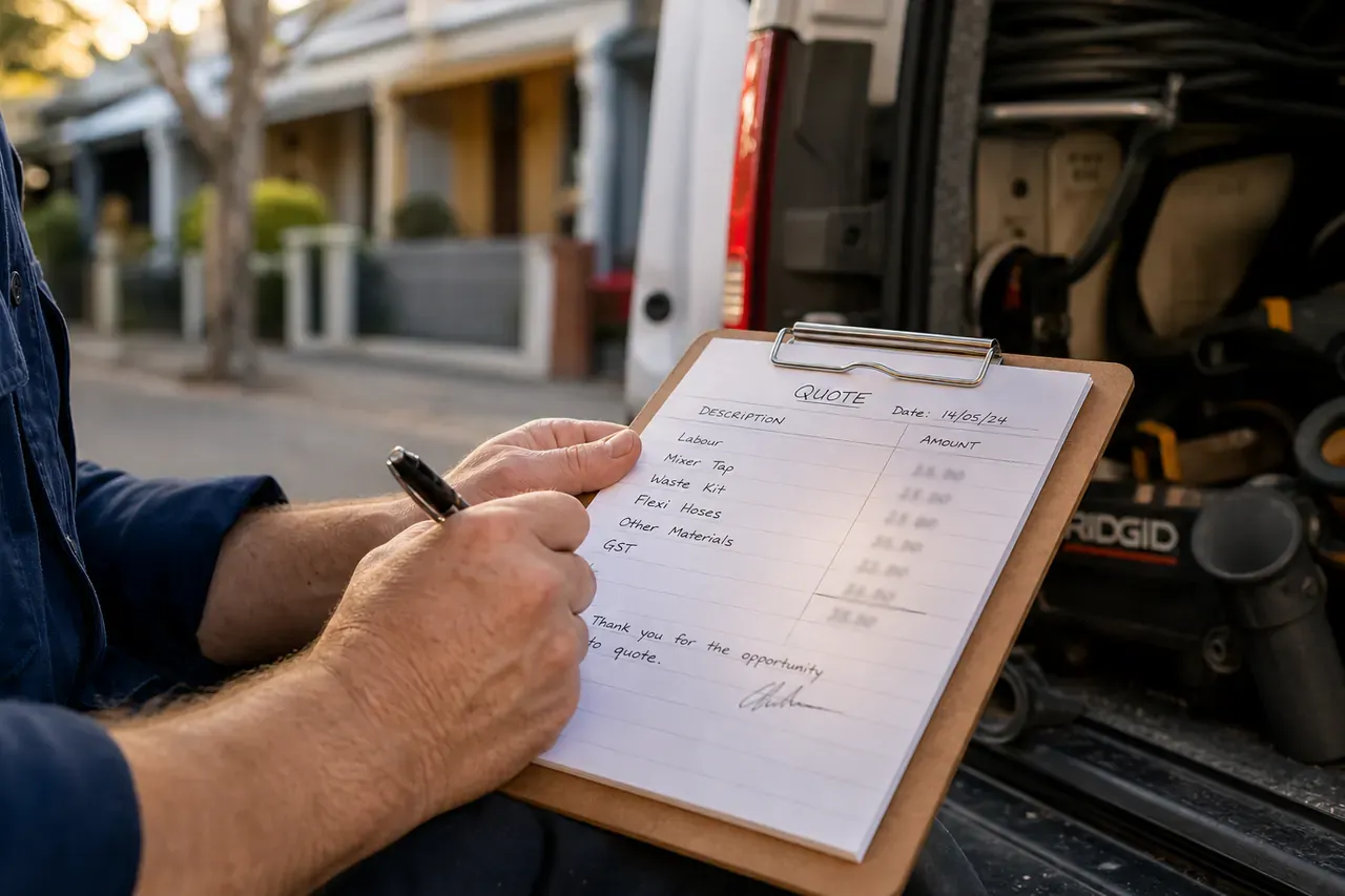Plumber writing out a quote on a clipboard at the back of a work van