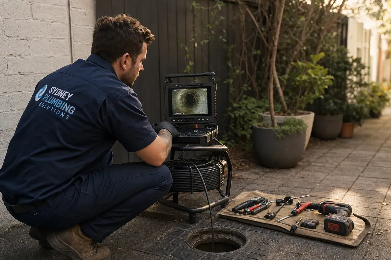 Plumber feeding a CCTV drain camera into a sewer inspection opening