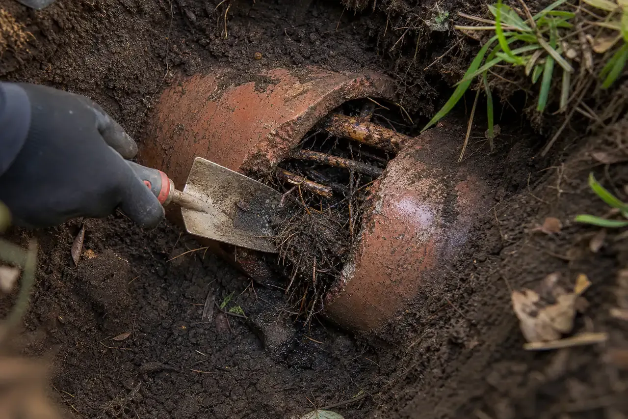 Tree roots growing through a broken clay sewer pipe
