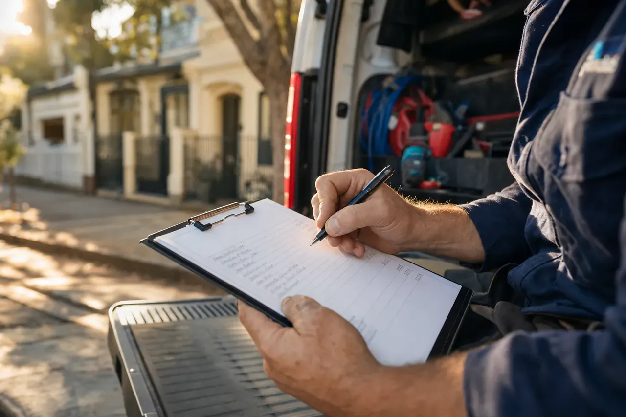 Plumber writing a quote on a clipboard at the back of a van