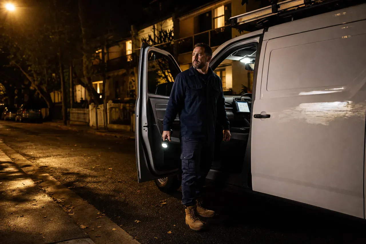 Emergency plumber arriving at a Sydney home at night