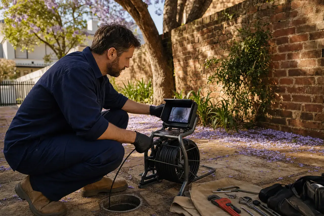 Plumber clearing a blocked drain with a drain camera