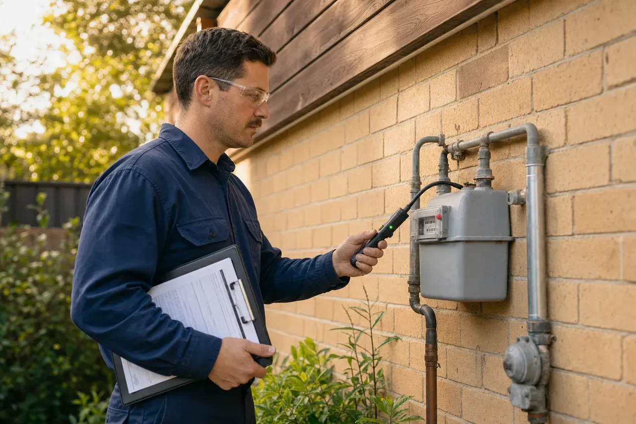Licensed gasfitter testing a gas meter with a leak detector