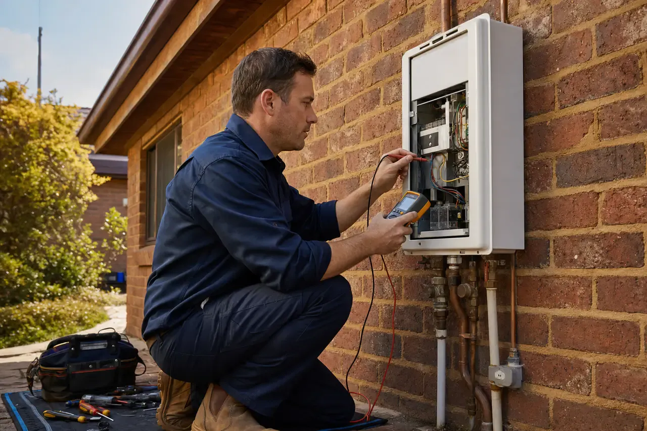 Plumber testing an outdoor hot water unit on a brick wall