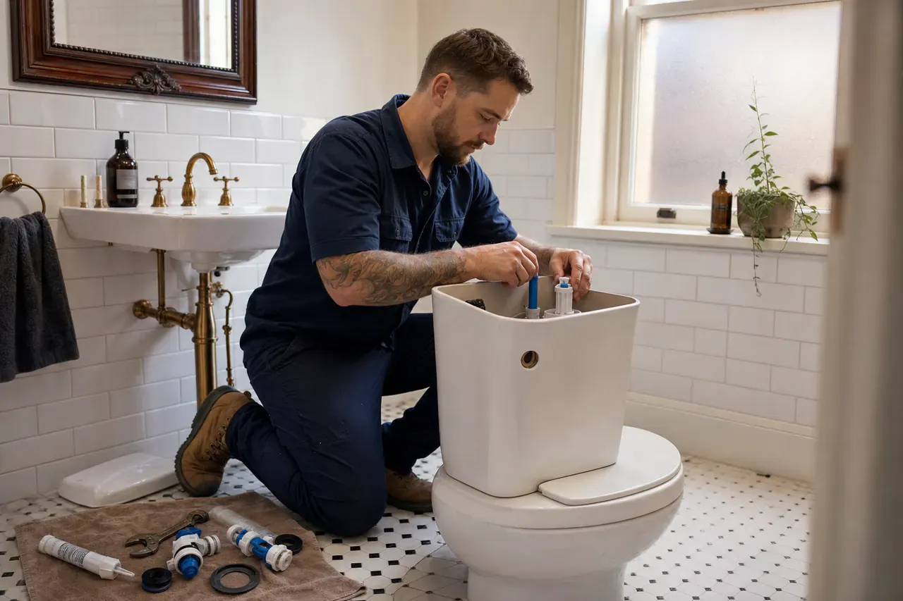 Plumber repairing a toilet cistern in a Sydney bathroom